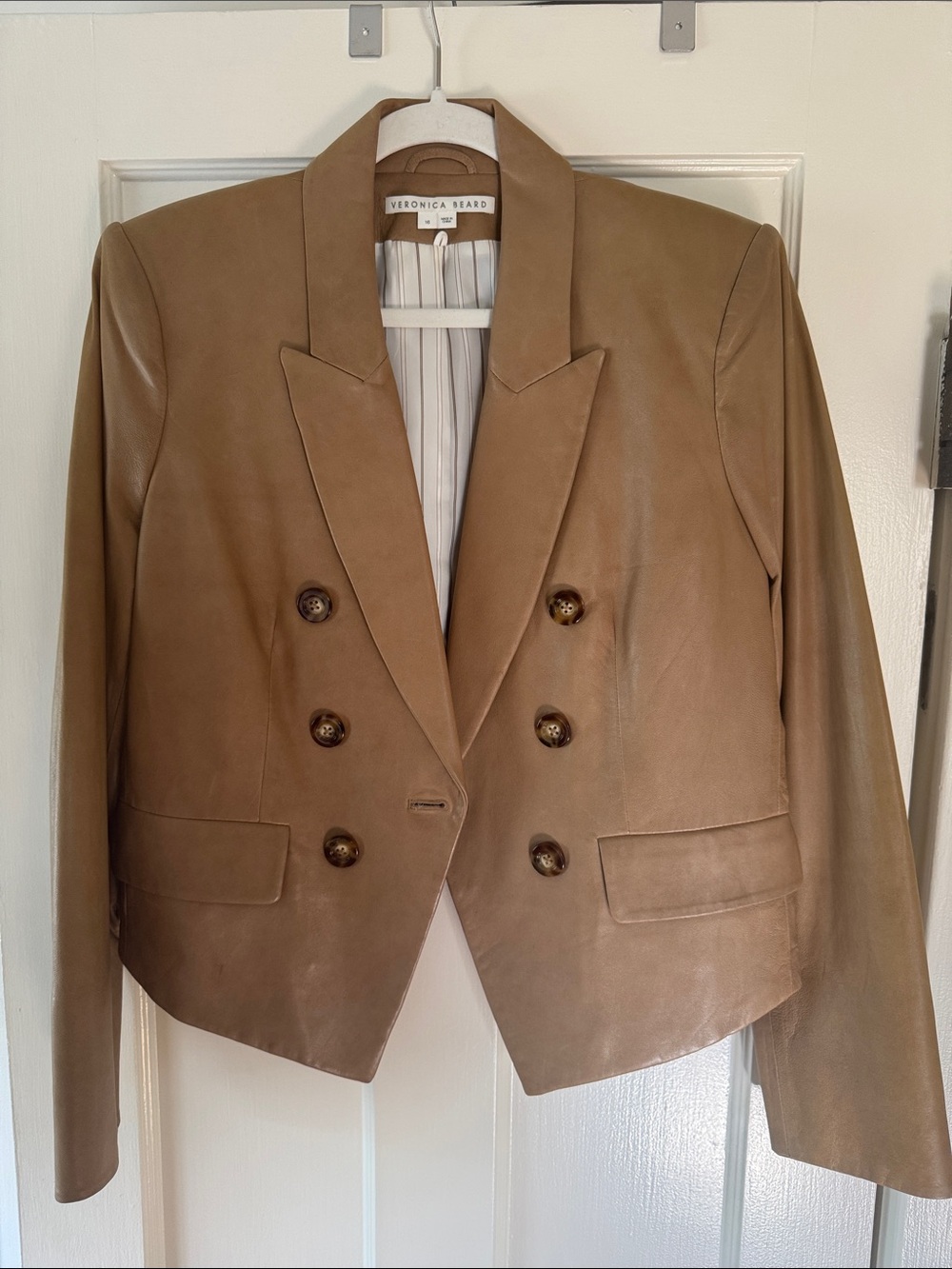 Veronica Beard Camel Leather Double-Breasted Blazer